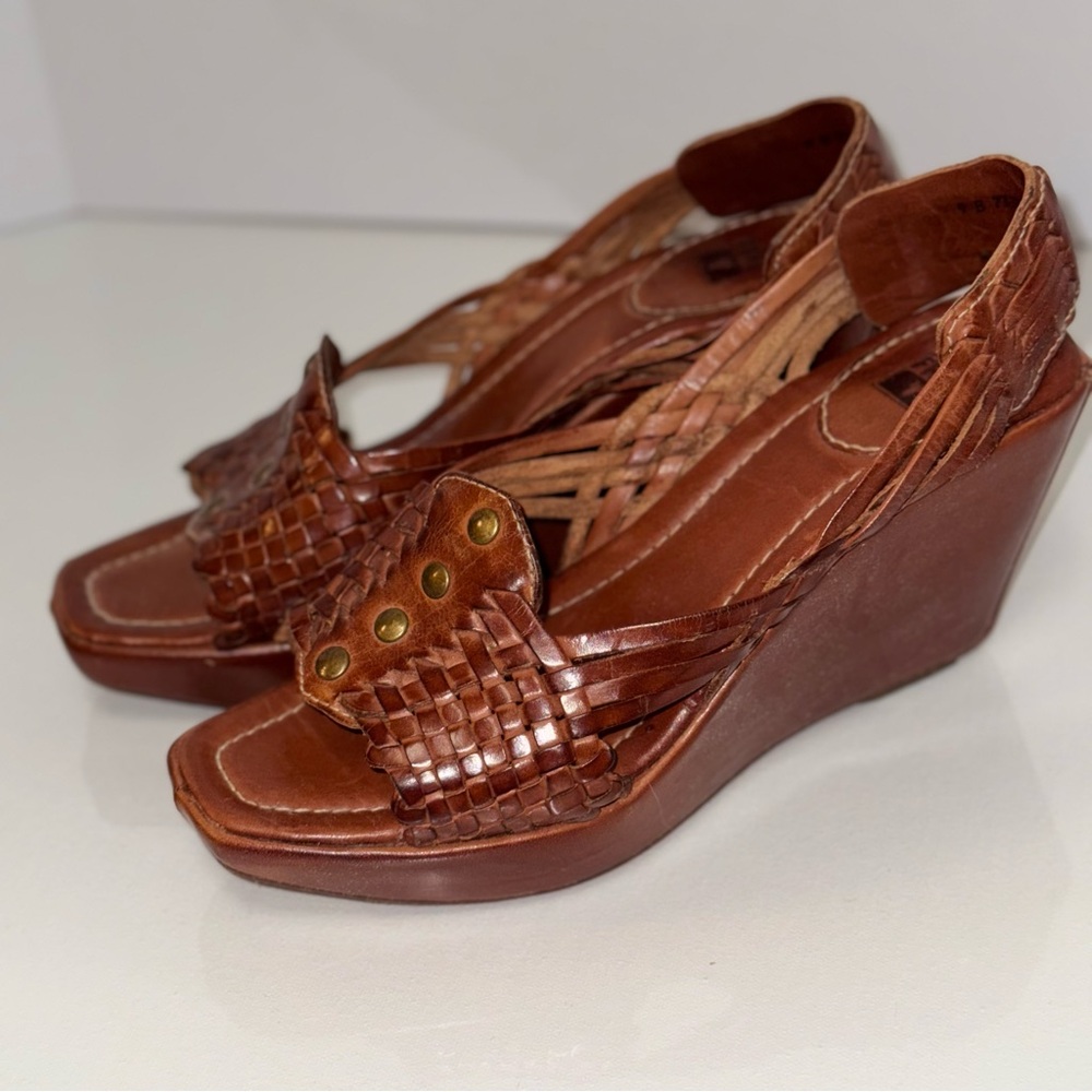 Frye Brown Woven Leather Platform Wedge Slide Sandals Size 9